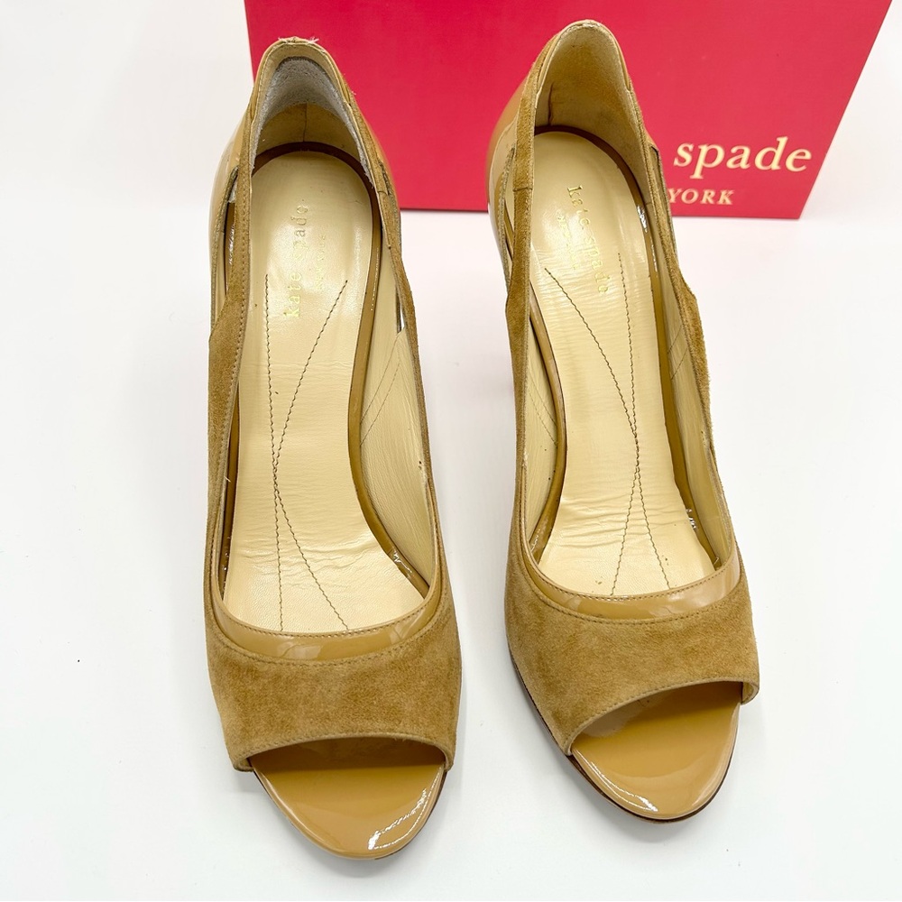 Kate Spade Taupe Suede Patent Carmen Women’s Pumps Heels Shoes Camel Size 10 B